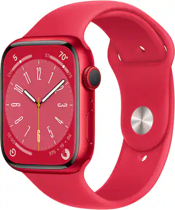 Front. Apple - Apple Watch Series 8 GPS + Cellular 45mm Aluminum Case with (PRODUCT)RED Sport Band - S/M - (PRODUCT)RED.