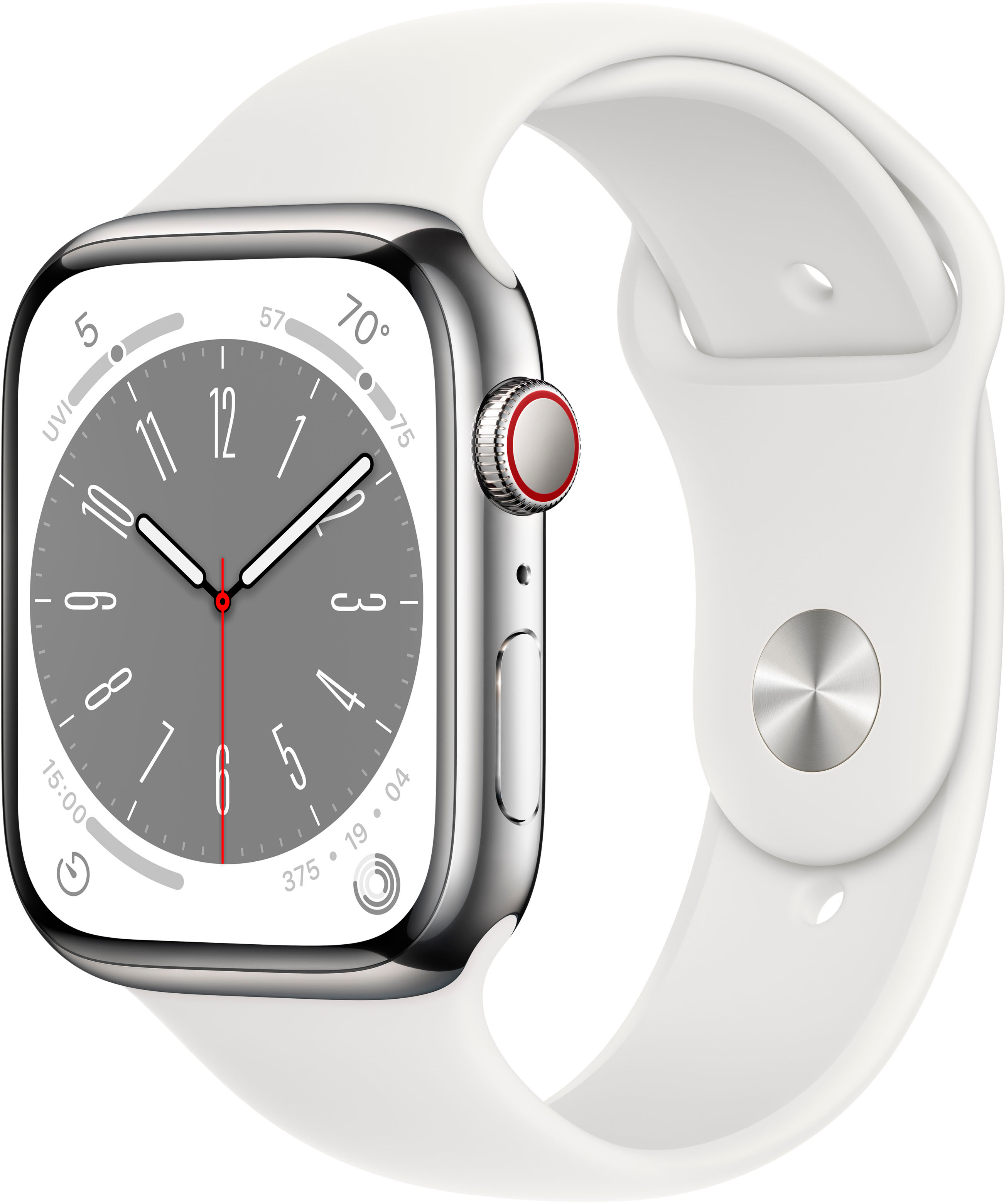 vase trussel Videnskab Apple Watch Series 8 GPS + Cellular 45mm Silver Stainless Steel Case with  White Sport Band S/M Silver MNVV3LL/A - Best Buy