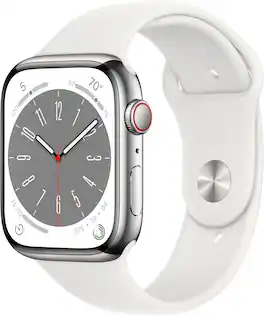 Refurbished Apple Watch Series 8 GPS + Cellular 45mm Silver Stainless Steel Case with White Sport Band - M/L - Silver - (2022)