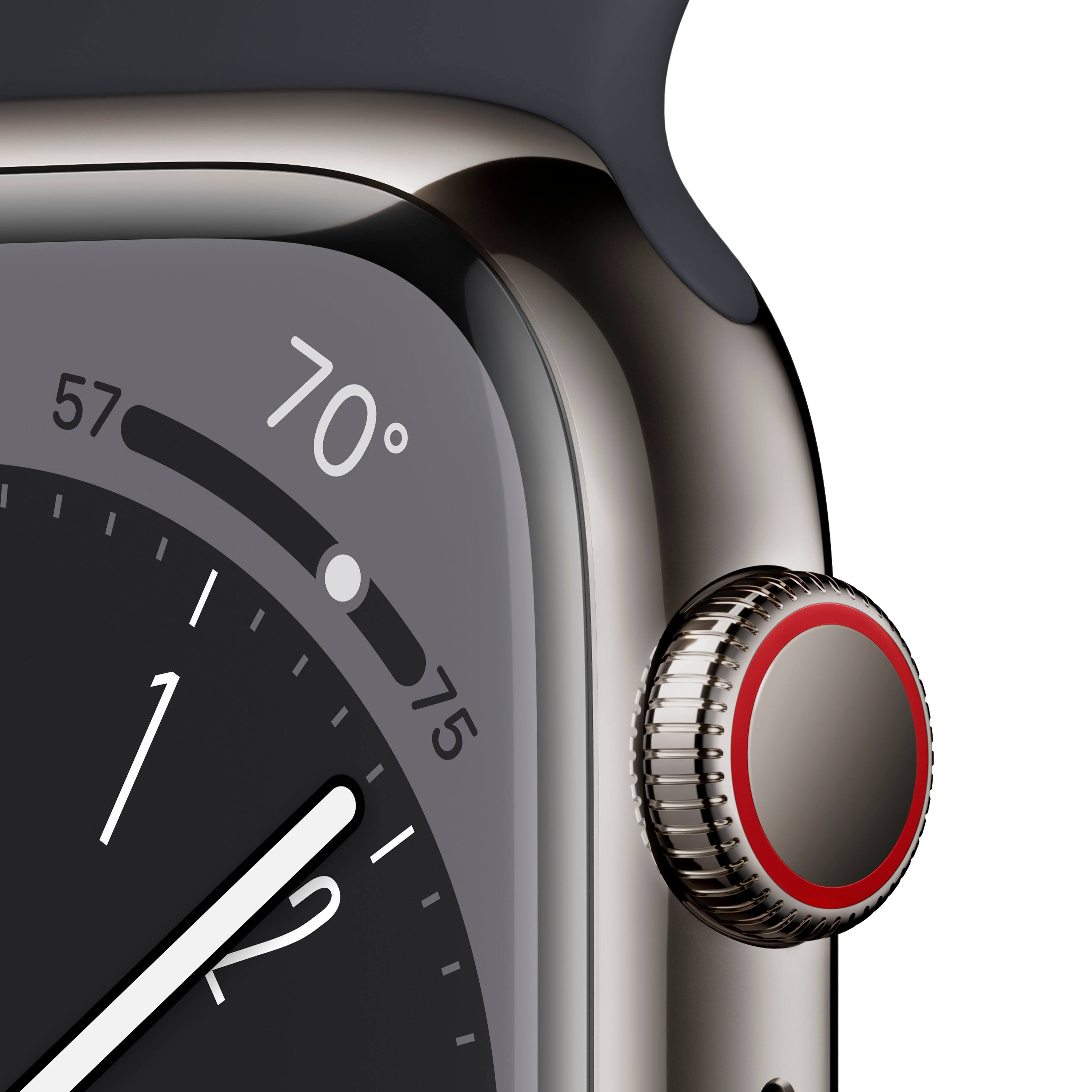 Left. Apple - Refurbished Apple Watch Series 8 GPS + Cellular 45mm Graphite Stainless Steel Case with Midnight Sport Band - S/M - Midnight.