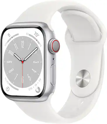 The image shows a watch with a white band and a silver face. The time displayed on the watch is 15:00. The watch also has a button on the side, which is red in color. The watch is positioned on a white background, making it the main focus of the image.