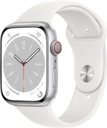 Apple Watch Series 8 (GPS + Cellular) 45mm Aluminum Case with White Sport Band - S/M - Silver - Front_Zoom
