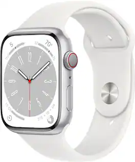 Geek Squad Certified Refurbished Apple Watch Series 8 (GPS + Cellular) 45mm Aluminum Case with White Sport Band - M/L - Silver - (2022)