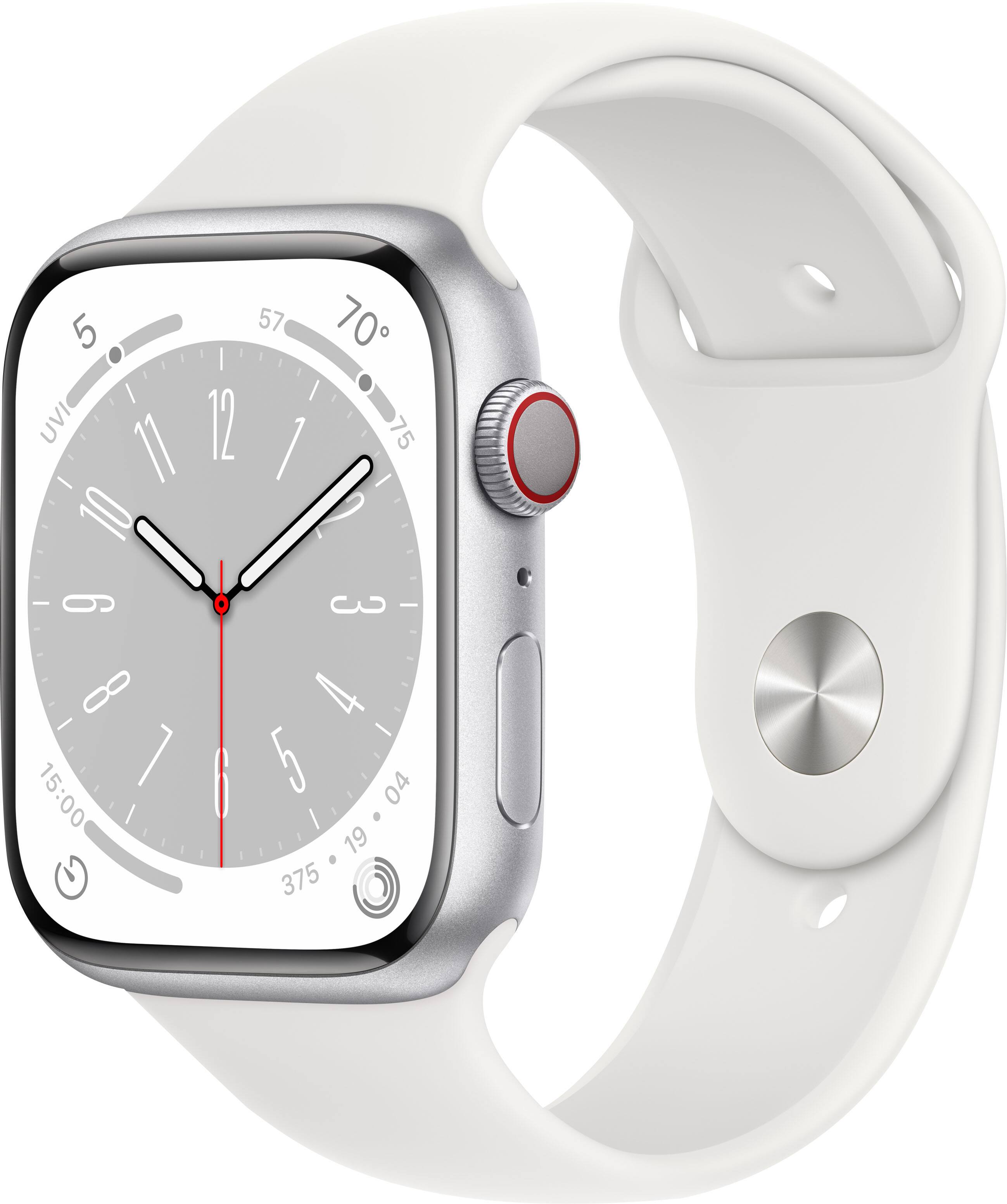 Geek Squad Certified Refurbished Apple Watch Series 8 (GPS + Cellular) 45mm Aluminum Case with White Sport Band - M/L - Silver - (2022)