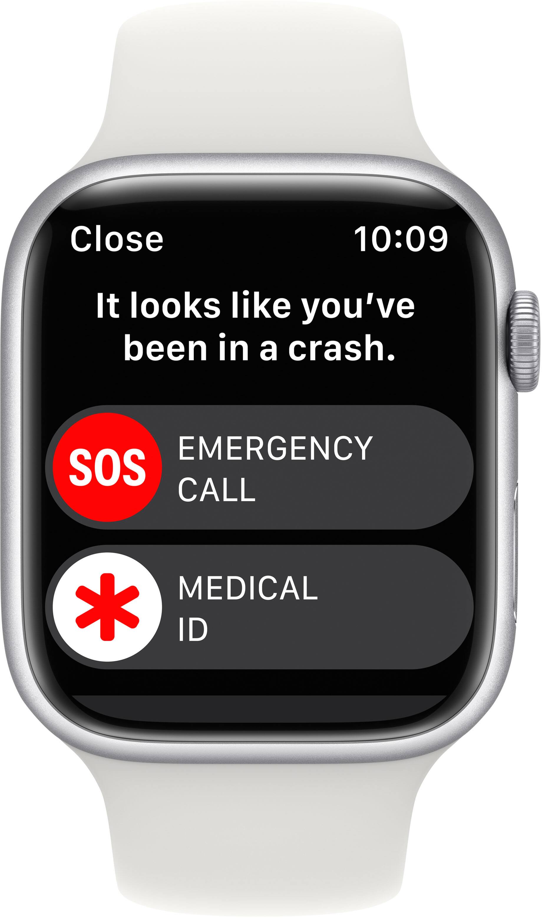 The text on the image is grouped and corrected as follows:

"Close 10:09 It looks like you've been in a crash. EMERGENCY SOS CALL MEDICAL * ID"