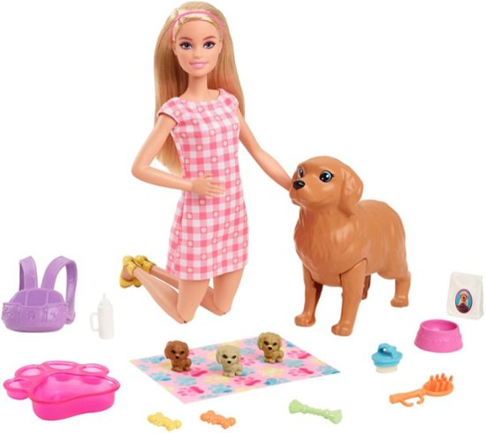 Front. Barbie - Doll and Newborn Pups Playset.