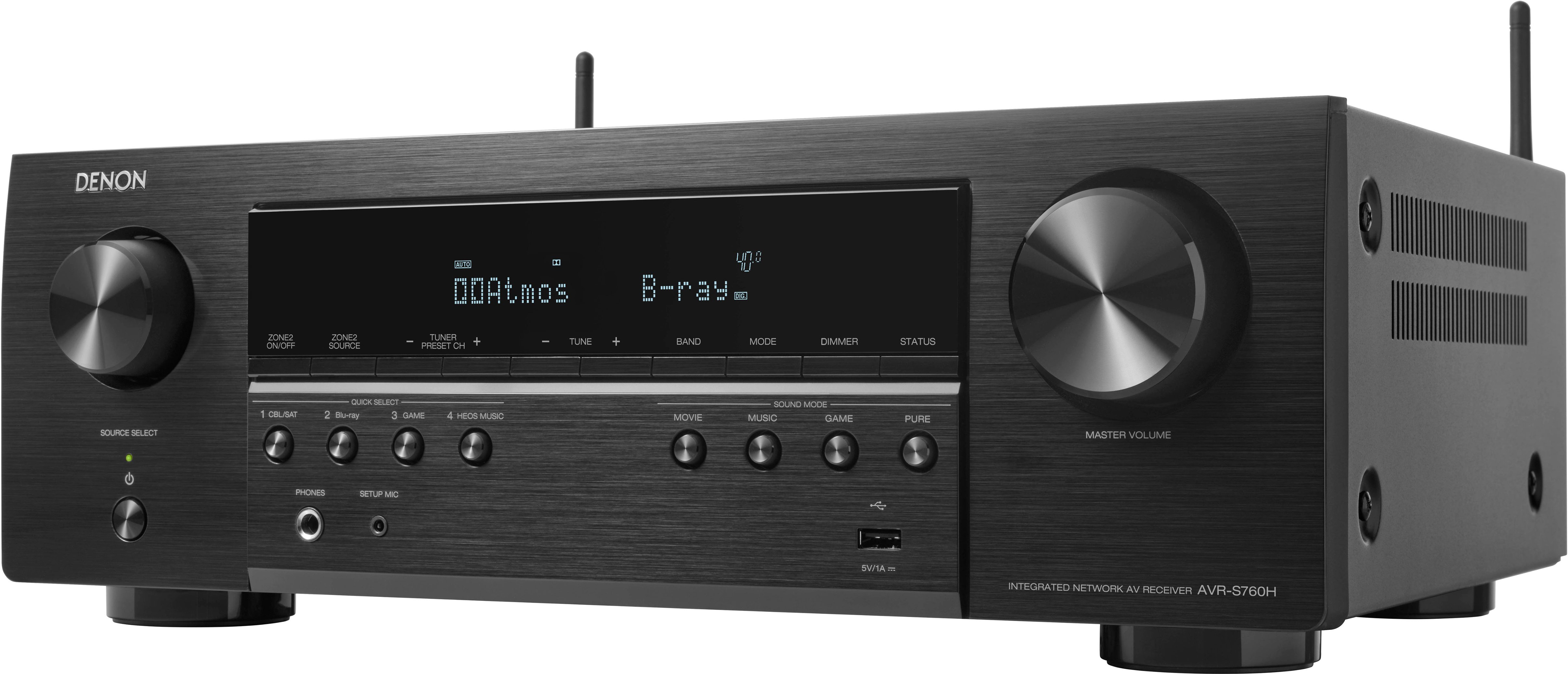 Left View: Denon - AVR-S760H (75W X 7) 7.2-Ch. with HEOS and Dolby Atmos 8K Ultra HD HDR Compatible AV Home Theater Receiver with Alexa - Black