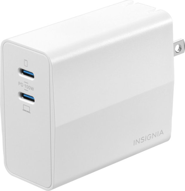 Insignia™ - 100W Dual Port USB-C Foldable Compact Wall Charger Kit for MacBook Pro, Smartphone, Tablet, and More - White_1
