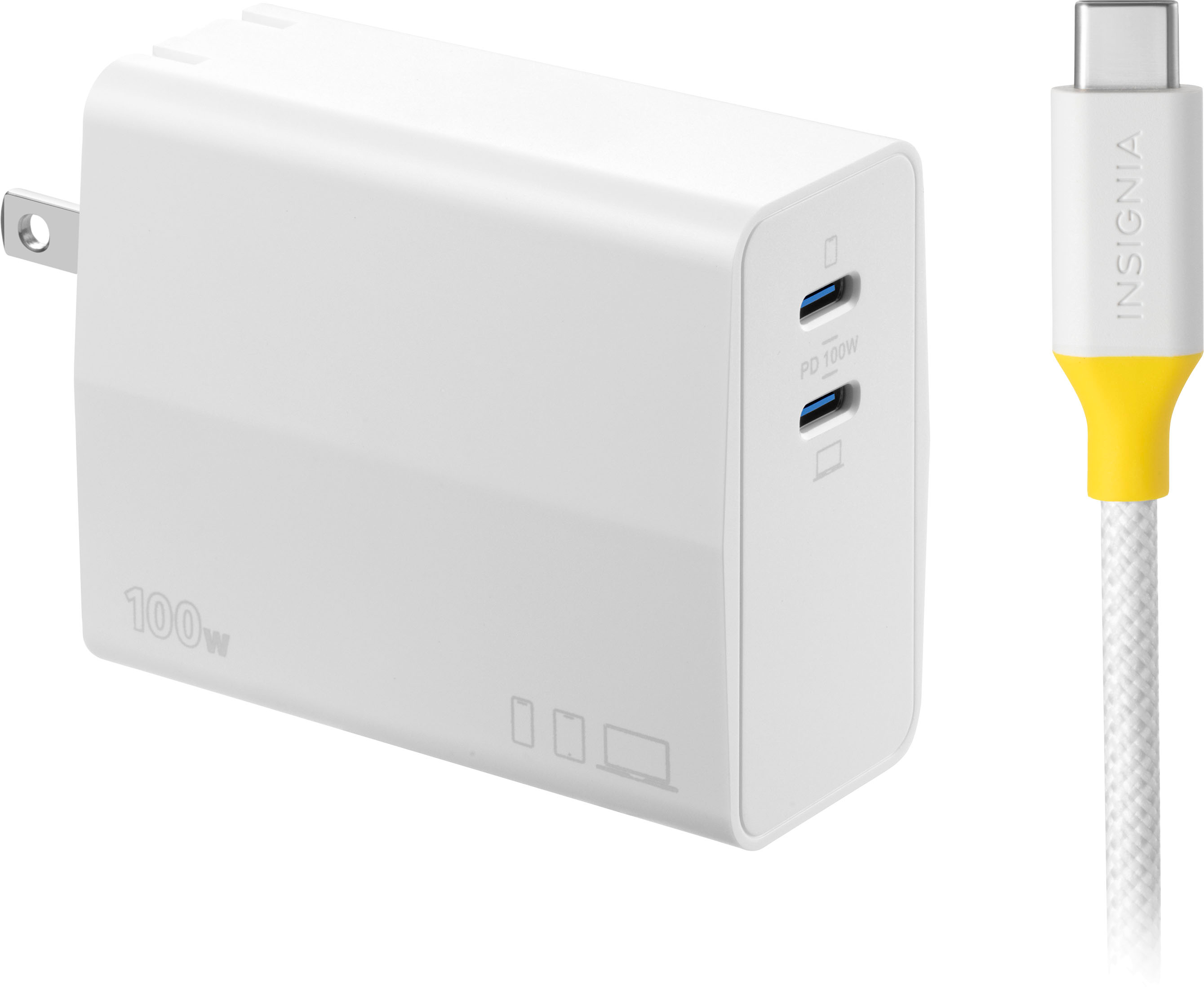Insignia - 100W Dual Port USB-C Compact Wall Charger Kit for MacBook Pro & Other Devices - White
