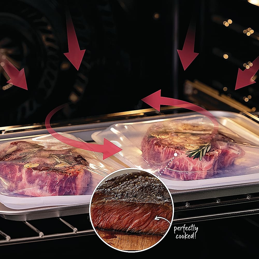 The image shows a pan of raw meat, with a red arrow pointing to it. The meat is placed on a cutting board, and there is a knife nearby. The pan is filled with raw meat, and the red arrow is pointing to the meat, indicating that it is the main focus of the image. The text "perfectly cooked!" is displayed prominently in the image, emphasizing the desired outcome of the cooking process.