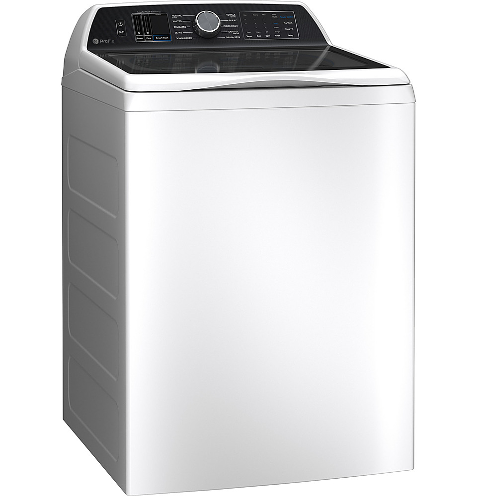 Angle View: GE Profile - 5.4 Cu Ft High Efficiency Smart Top Load Washer with Smarter Wash Technology, Easier Reach & Microban Technology - White