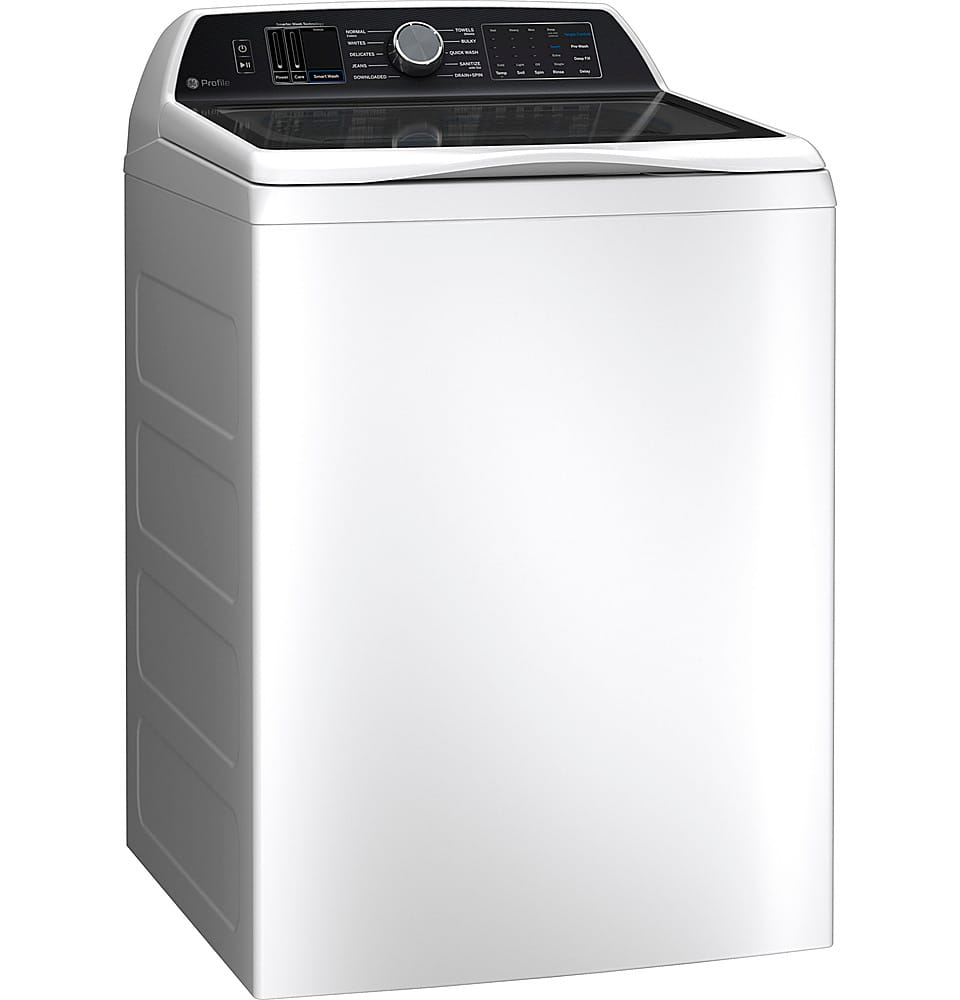 Angle. GE Profile - 5.4 Cu Ft High Efficiency Smart Top Load Washer with Smarter Wash Technology, Easier Reach & Direct Drive Motor - White.
