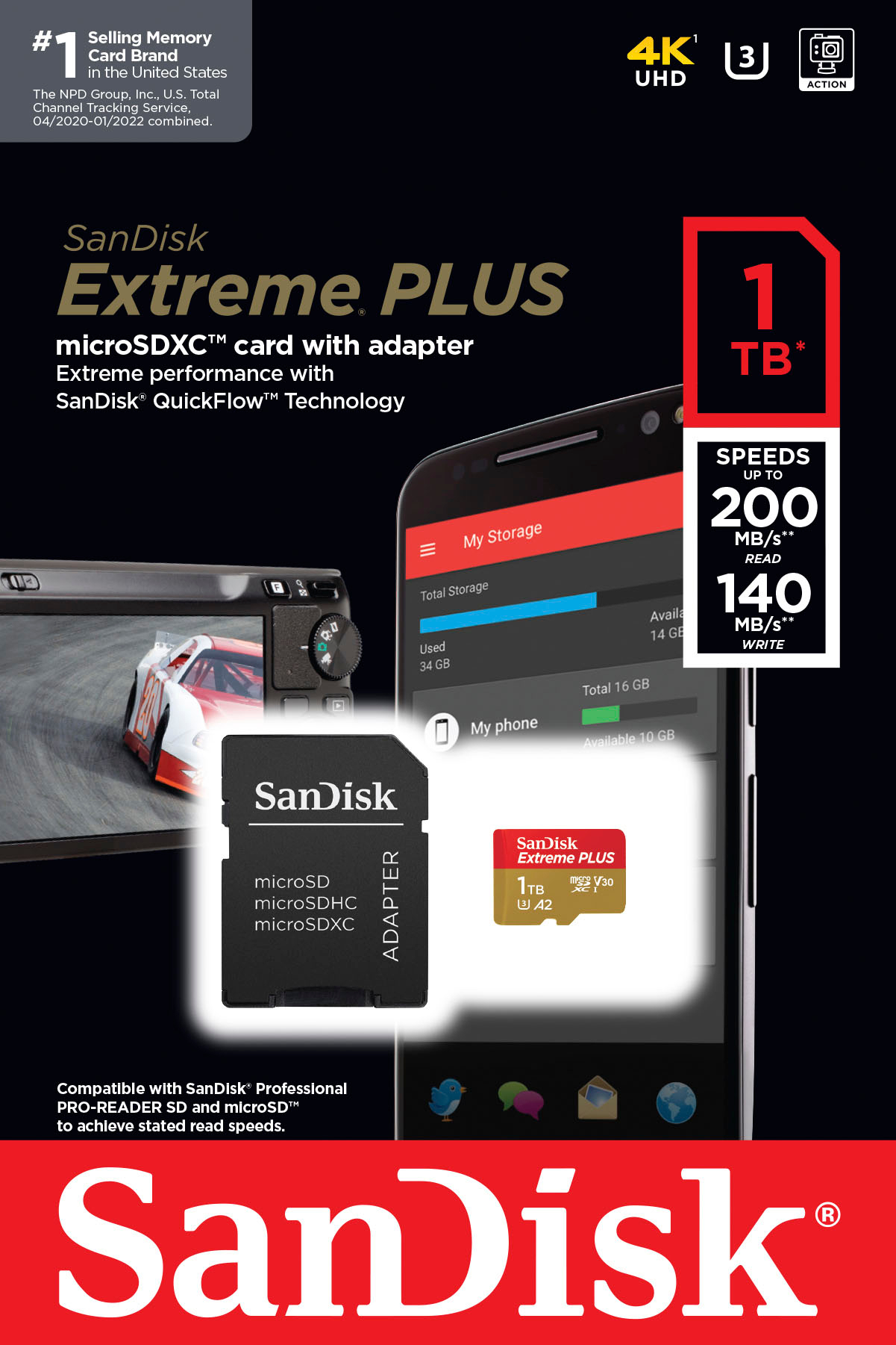 SANDISK MICRO SD EXTREME PRO 1TB 200/140MB/S A2 V30 + ADAPT