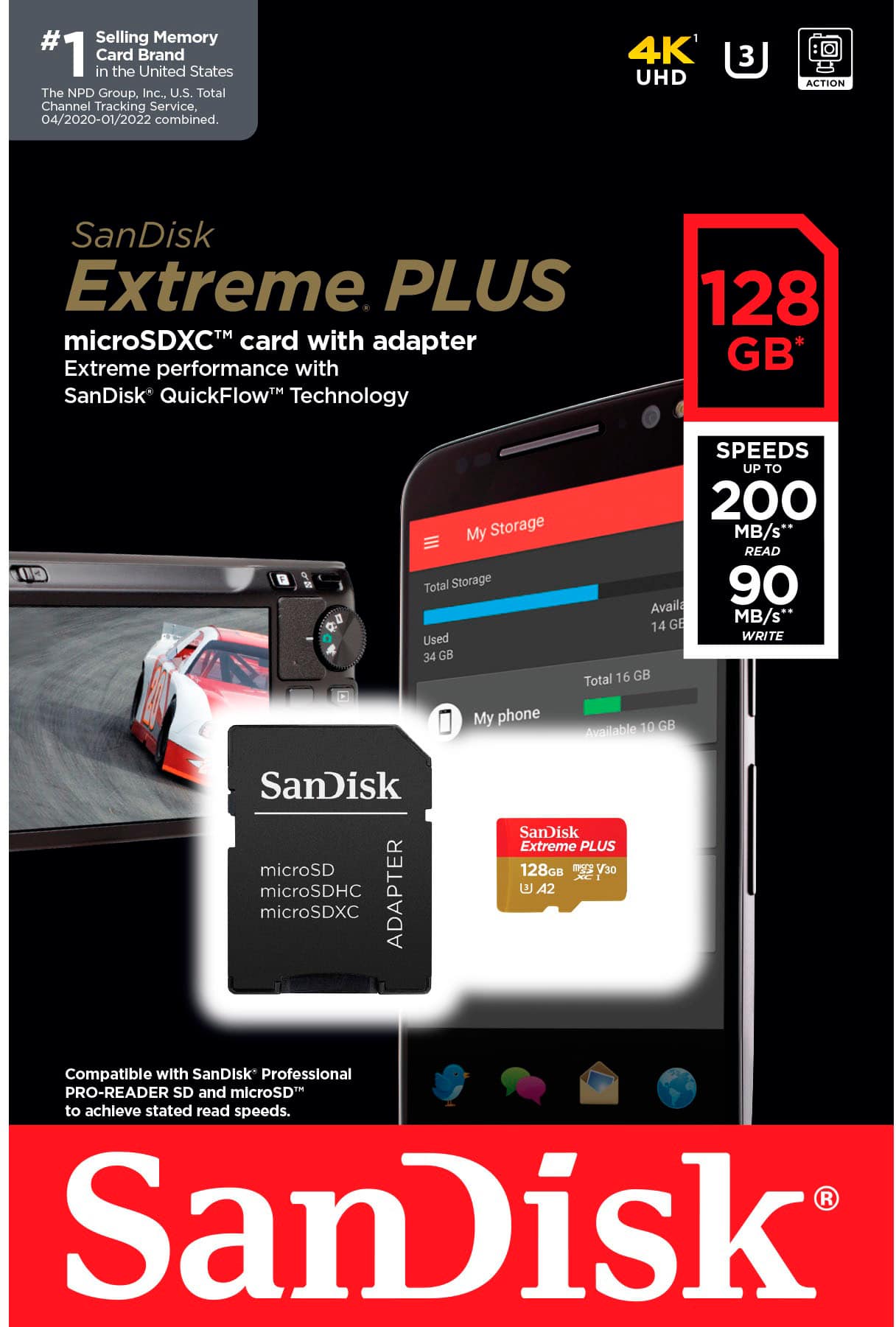 Alt View 14. SanDisk - Extreme PLUS 128GB MicroSDXC UHS-I Memory Card - Red/Gold.