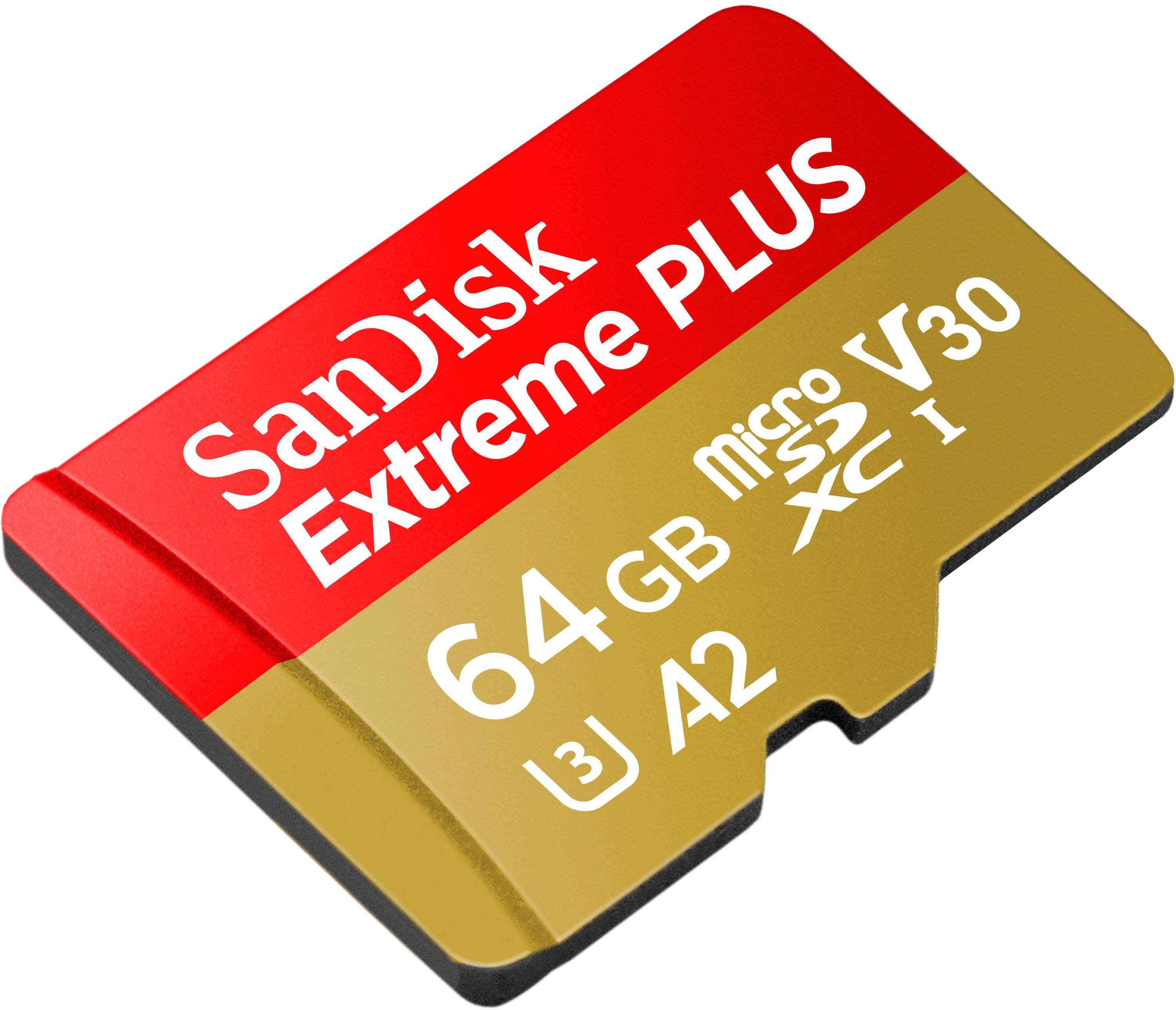 The text on the image reads: "Sandisk Plus V30 Extreme 64GB MicroSDXC UHS-I GB XC 64 A2."