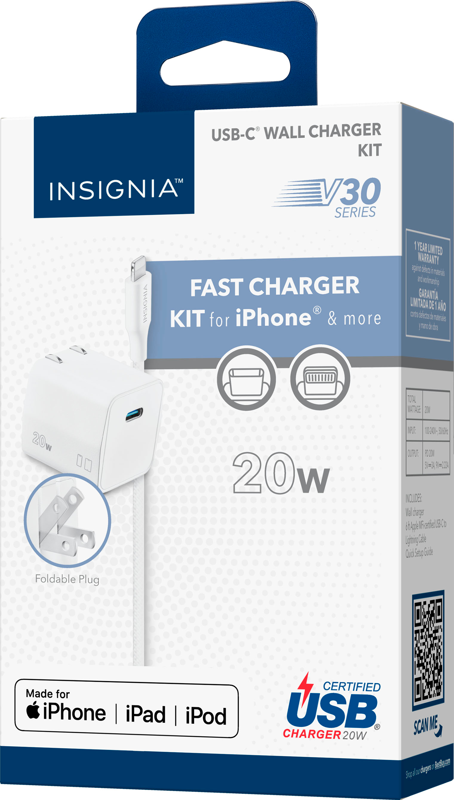 Insignia™ 20W USB-C Fast Charger Kit for iPhone 14/13/12/11/X/8 series,  iPhone SE White NS-MW320C1W22B - Best Buy