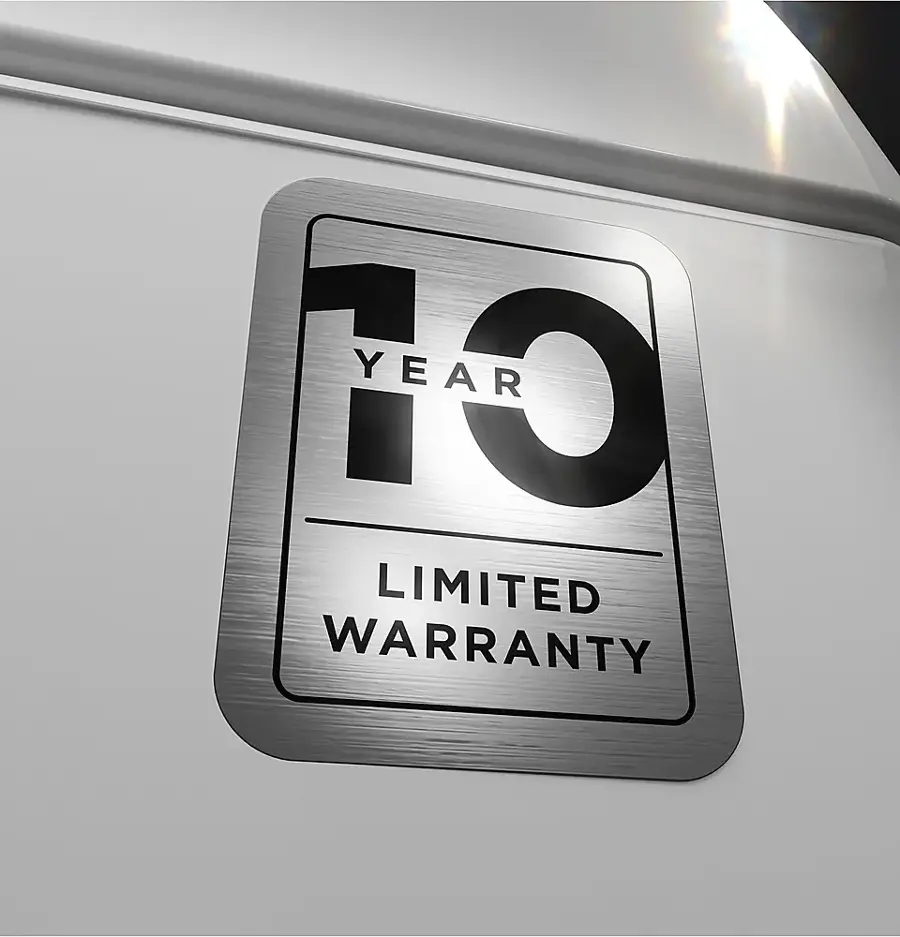 The image features a close-up of a stainless steel sign with a 10-year limited warranty. The sign is placed on a white background, and the text is clearly visible. The text reads "10 YEAR LIMITED WARRANTY," emphasizing the duration of the warranty provided by the manufacturer.