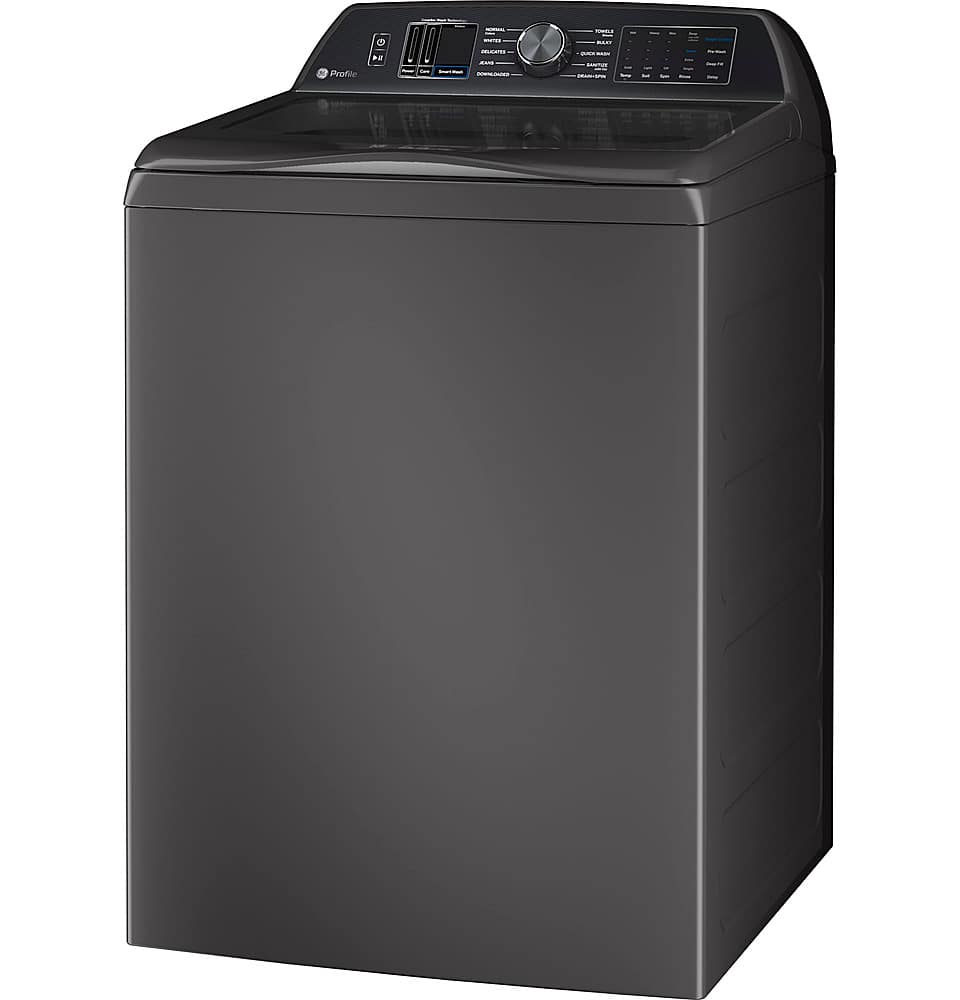 Left. GE Profile - 5.4 Cu Ft High Efficiency Smart Top Load Washer with Smarter Wash Technology, Easier Reach & Direct Drive Motor - Diamond Gray.