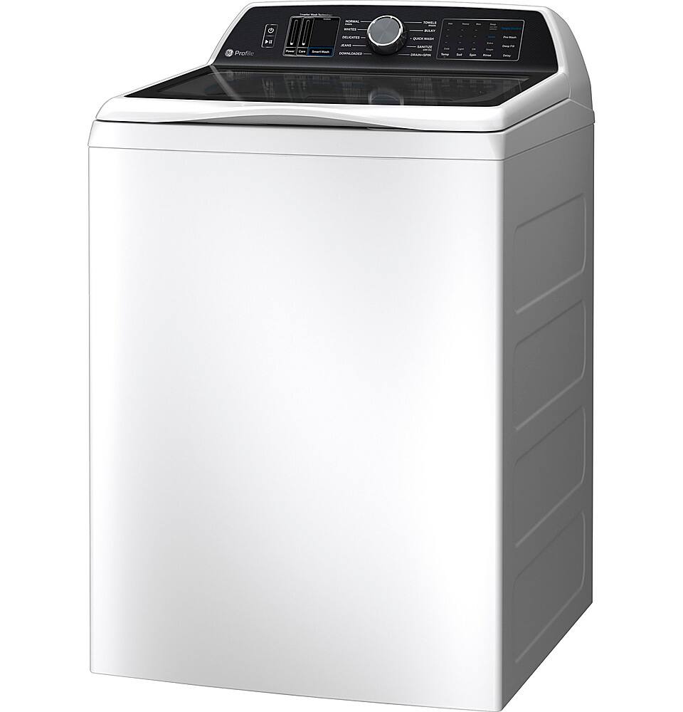Left. GE Profile - 5.3 Cu Ft High Efficiency Smart Top Load Washer with Smarter Wash Technology, Easier Reach & Direct Drive Motor - White.