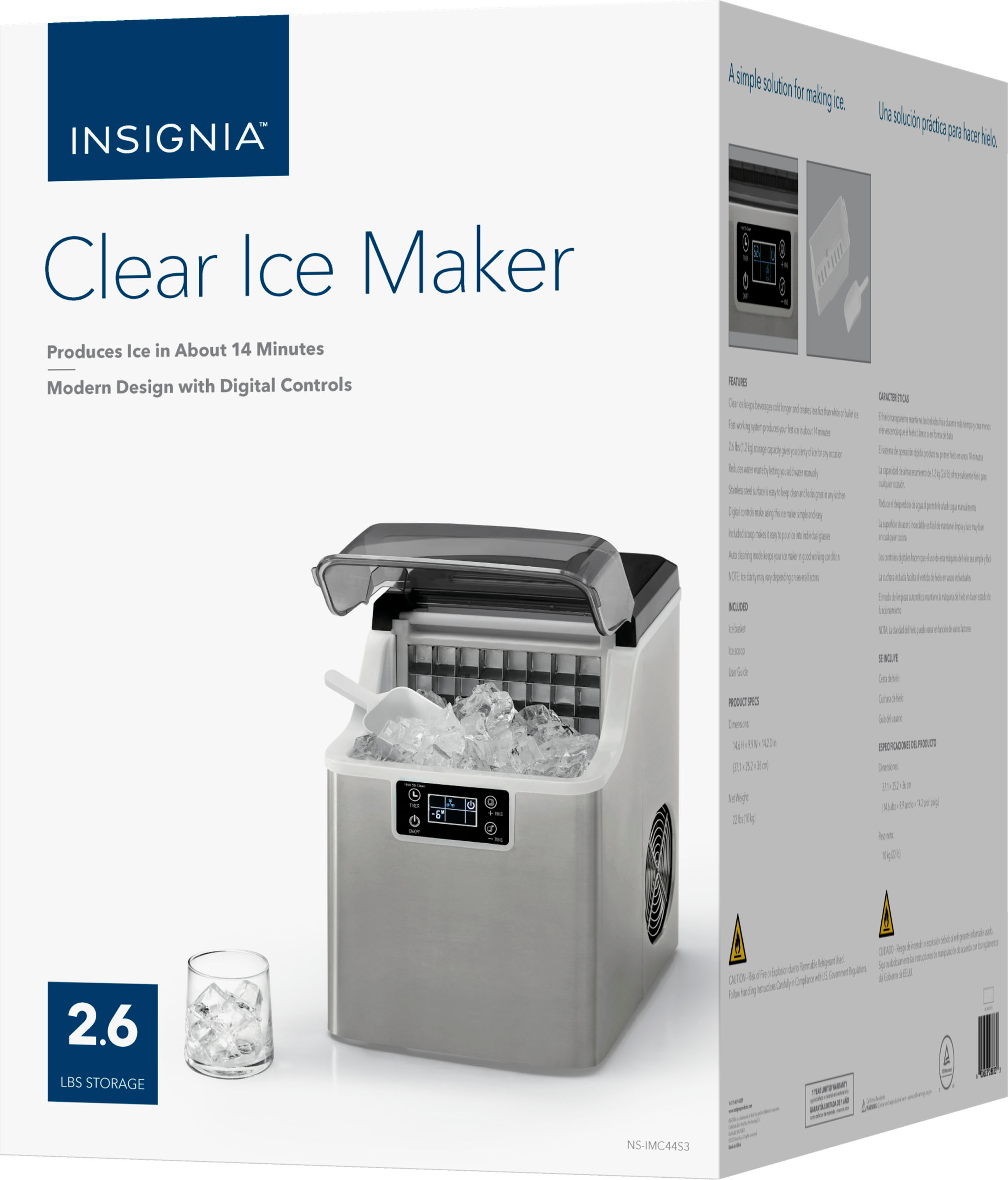 Insignia - 44 lb. Portable Clear Ice Maker with Auto Shut-Off - Stainless Steel