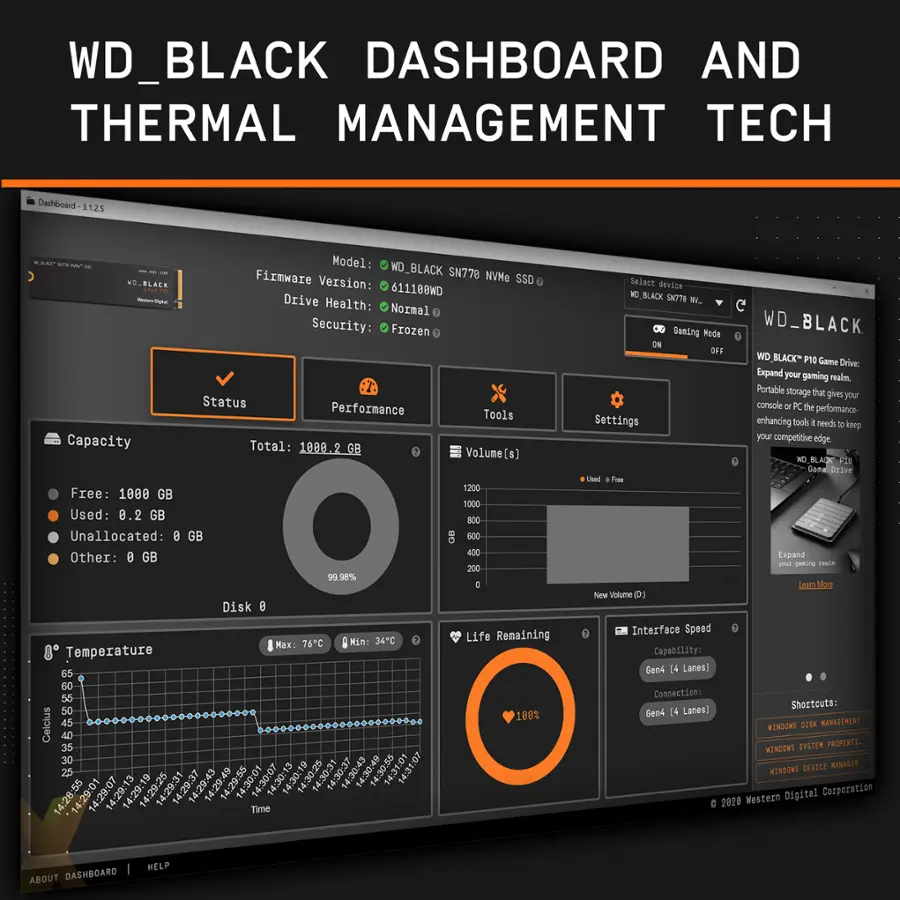 WD Black Dashboard and Thermal Management Tech:

* Model: WD_BLACK
* Firmware: SN778 NVMe SSD
* Version: 611188
* Drive Health: Normal
* Security: Frozen -2 Status
* Performance Tools
* Capacity: Total: 1008.2 GB
* Volume: [s] 5200
* Free: 1000 GB
* Used: 8.2 GB
* Unallocated: 8 GB
* Other: 8 GB
* Temperature: 65, 60, 56, 50, 40, 35, 30, 20, 14:29:43, 14:29:55, 49, 14:30:01, 14:30:07, 14:30:13, 14:30:19, 14:30:25, 14:30:31, 14:30:37, 14:30:43, 14:30:55, 14:31:07, 14:28:55, 14:29:01, 14:29:07, 14:29:13, 14:29:19, 14:29:25, 14:29:31, 14:29:37, 14:29:43, 14:29:55, 14:31:07, 14:28:55, 14:29:01, 14:29:07, 14:29:13, 14:29:19, 14:29:25, 14:29:31, 14:29:37, 14:29:43, 14:29:55, 14:31:0