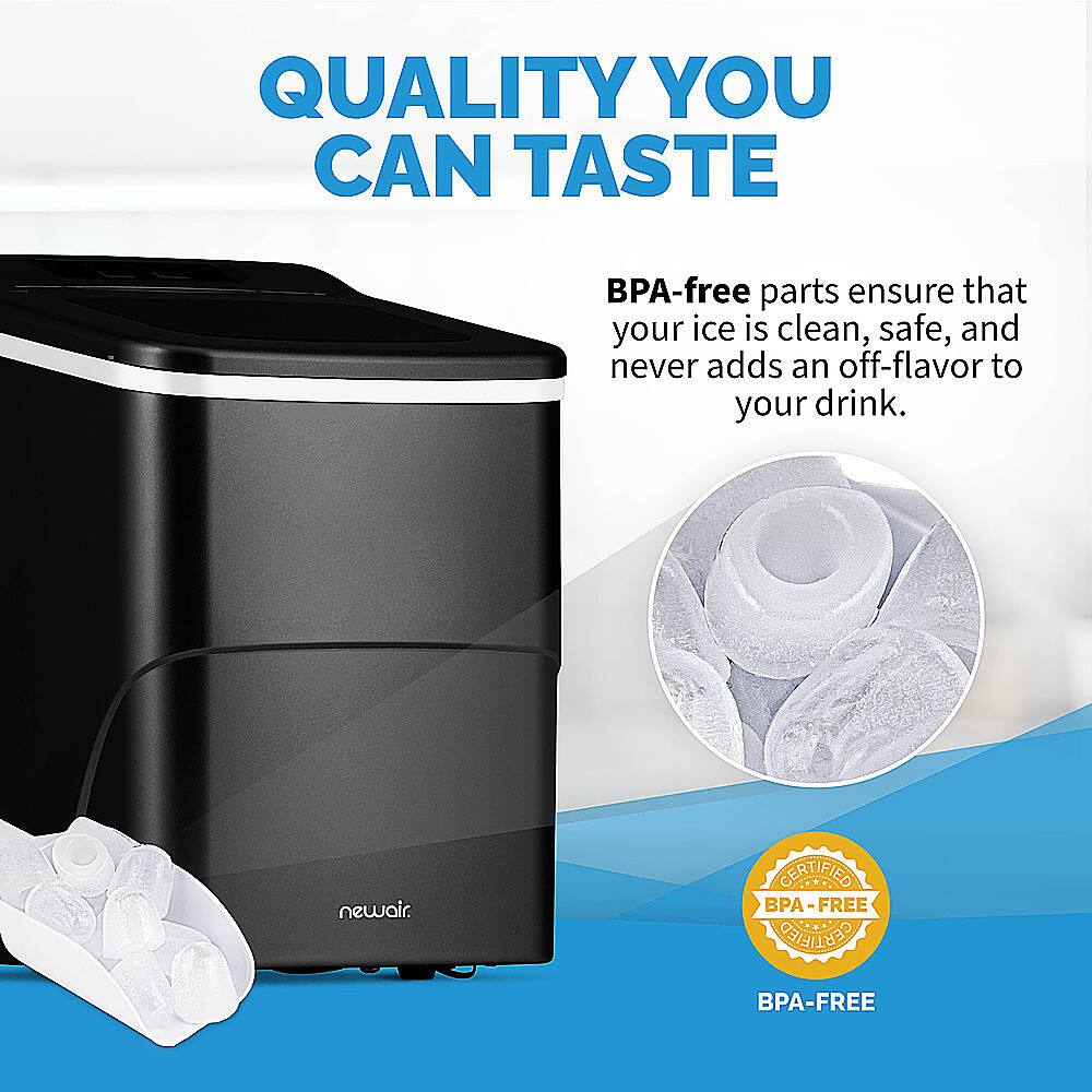 The image features a black ice maker machine with a BPA-free certification. The machine is designed to produce clean, safe ice that will not add an off-flavor to your drink. The ice maker is advertised as having quality that you can taste, ensuring that the ice produced is of high quality and meets the standards of BPA-free certification.