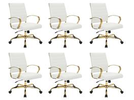 LeisureMod - (Set of 6) Benmar Ergonomic Leather Office Chair with Chrome Gold Steel Frame and Cushioned Armrests for Home Office - White