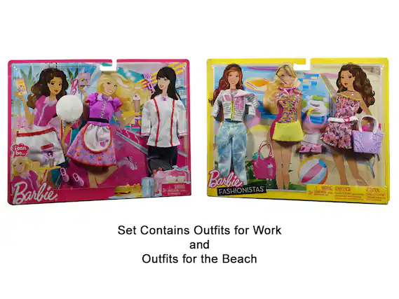Barbie 1. WARNING 3+ 0ON A NR - Barbie FASHIONISTAS WARNING ADVERTENCIA: 3+ 200 R0 - PILIGRO we RO - - a ATTENTION: J0GE 21 0UmMN - Set Contains Outfits for Work and Outfits for the Beach