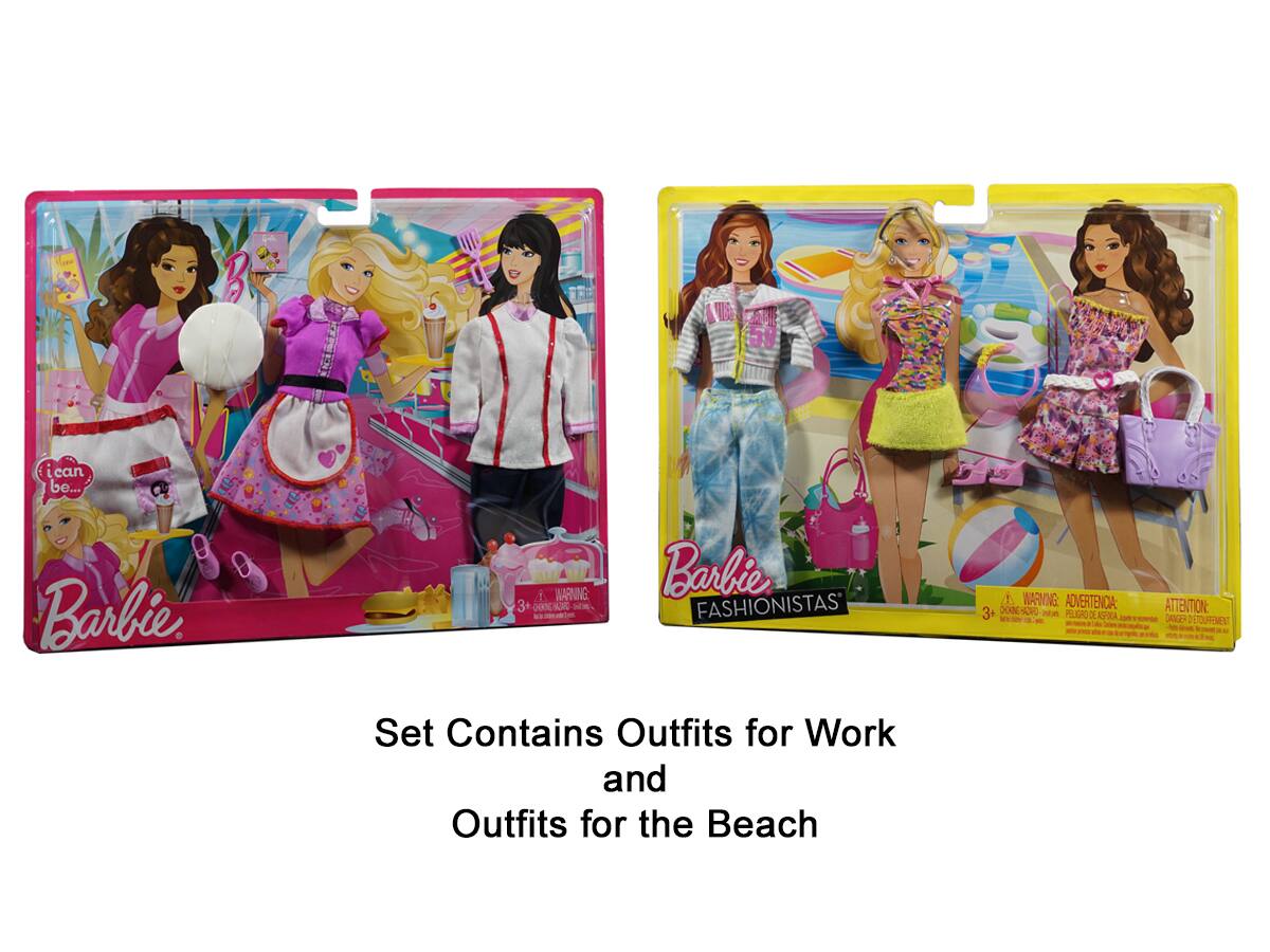 Barbie 1. WARNING 3+ 0ON A NR   - Barbie FASHIONISTAS  WARNING ADVERTENCIA: 3+ 200 R0 - PILIGRO  we RO - - a ATTENTION: J0GE 21 0UmMN - Set Contains Outfits for Work and Outfits for the Beach
