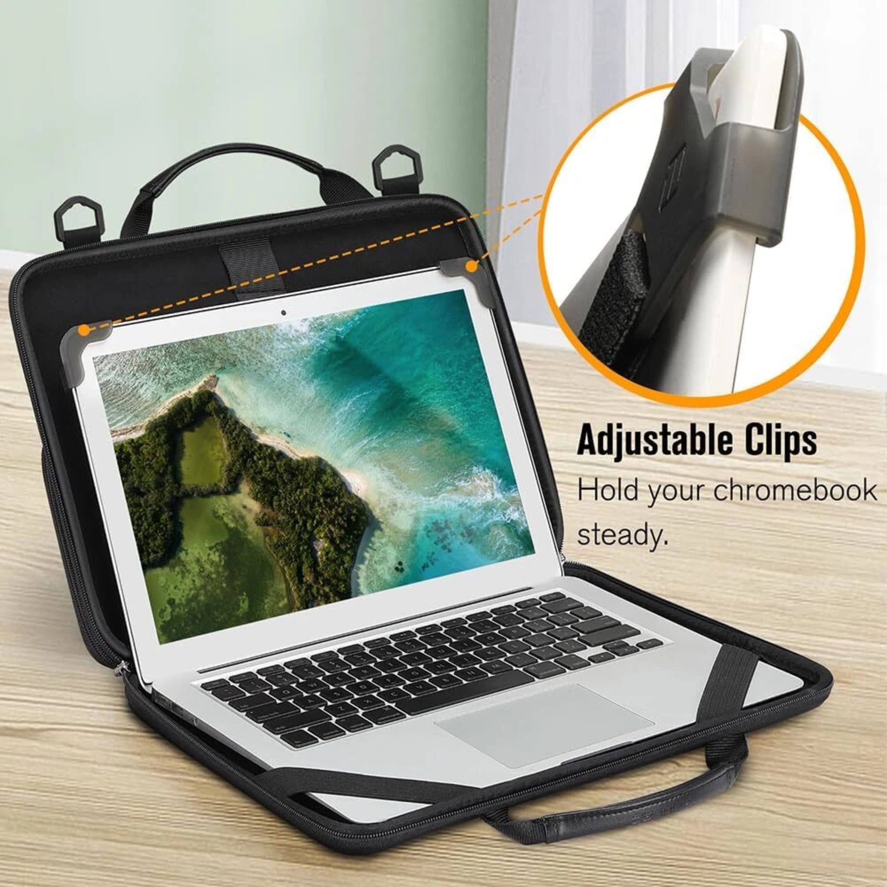 Adjustable Clips Hold your chromebook steady.