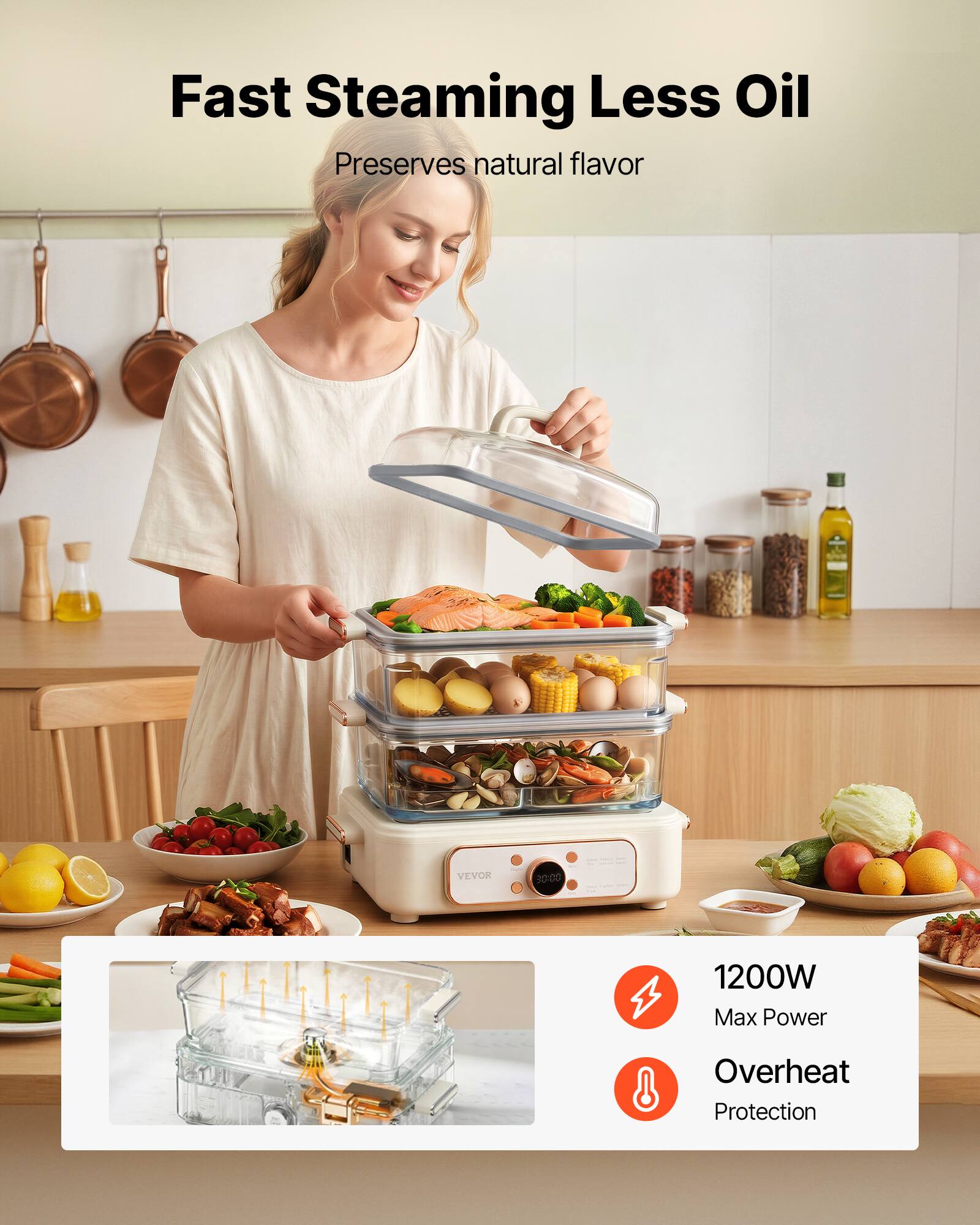 Fast Steaming Less Oil  
Preserves natural flavor  

VEVOR  
3000  
1200W Max Power  
Overheat Protection