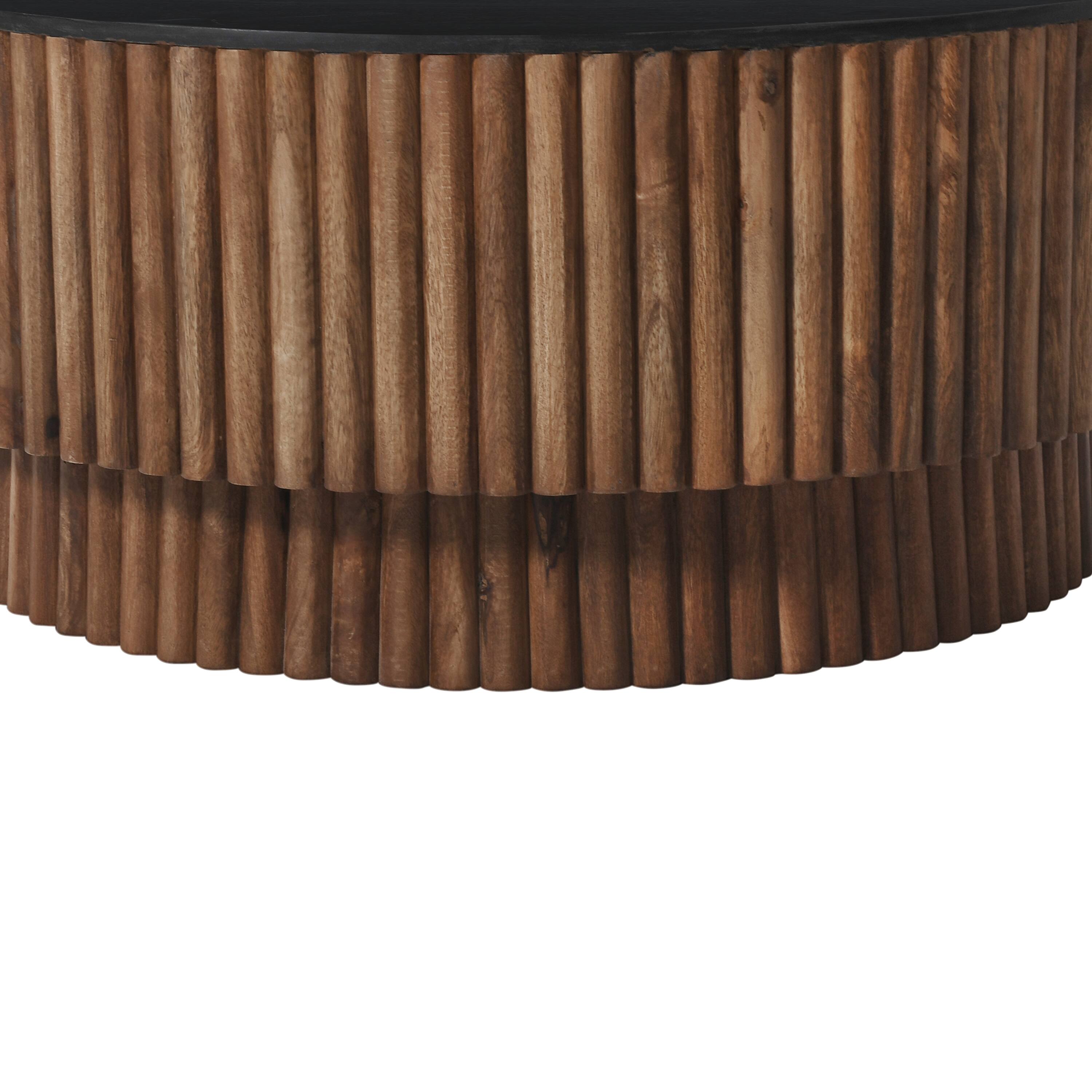Alt View 1. Manhattan Lane - Montoya Coffee Table | 34" Round Black Top | Mango Wood Fluted Plinth Base - Black, Brown.