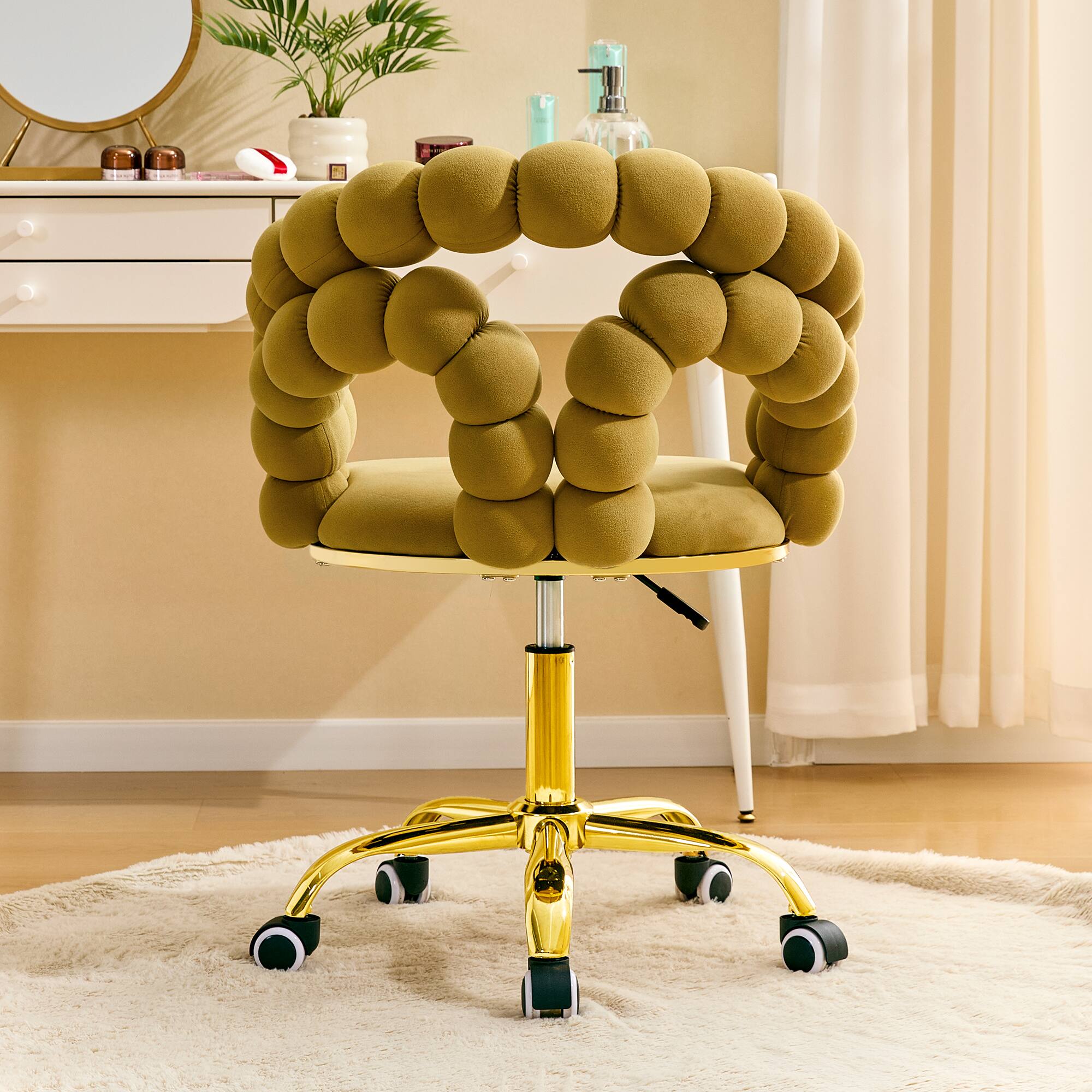 Back. Loheer - Loheer- Velvet Desk Chair Adjustable Swivel Makeup Desk Chair with Bubble Back, 2.82 ft Mustard Yellow - Gold,Yellow.