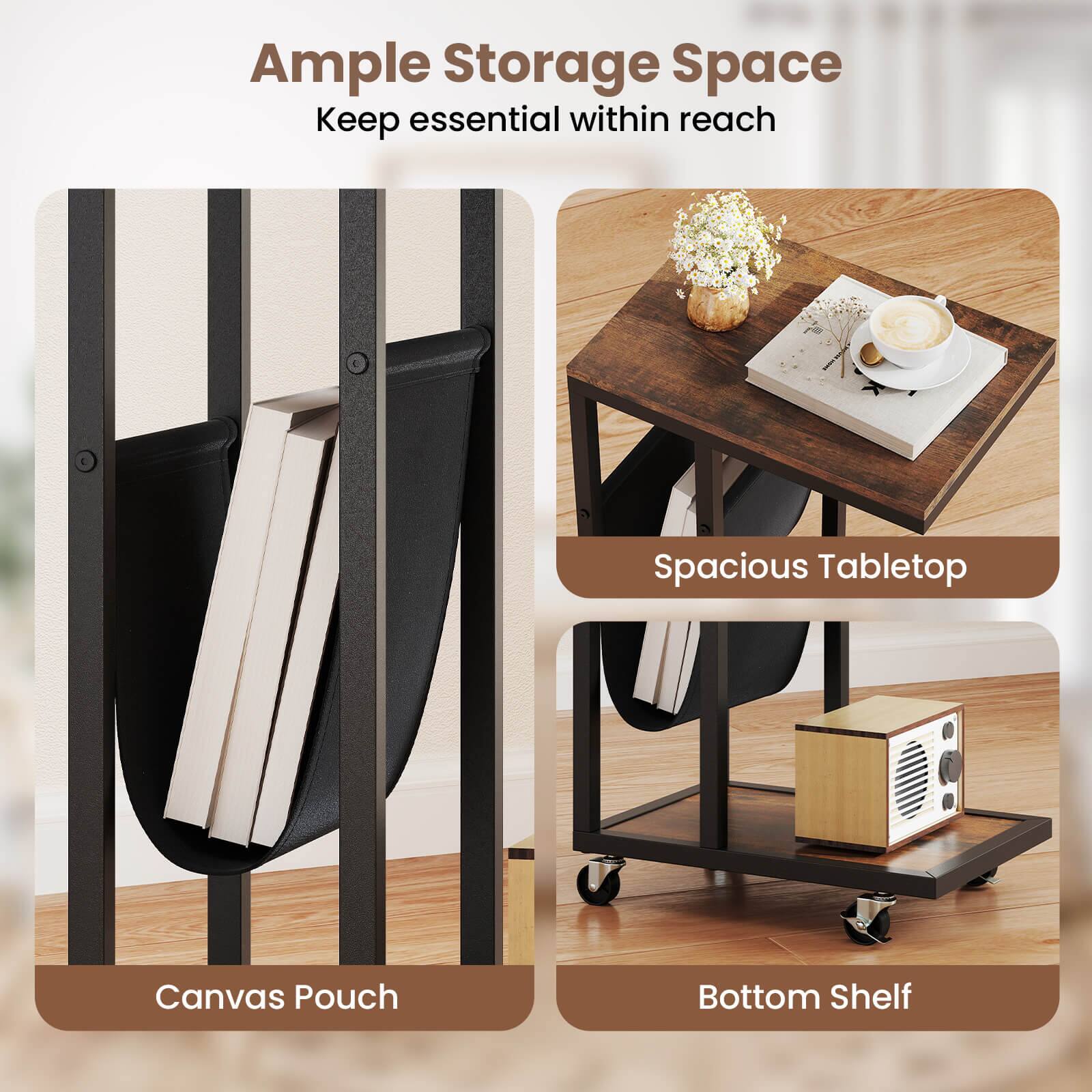 The text on the image is grouped and corrected as follows:

Ample Storage Space: Keep essential within reach
Spacious Tabletop: Canvas Pouch
Bottom Shelf: