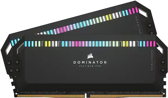 Front. CORSAIR - DOMINATOR PLATINUM RGB 64GB (2x32GB) DDR5 5200MHz C40 UDIMM Desktop Memory - Black.