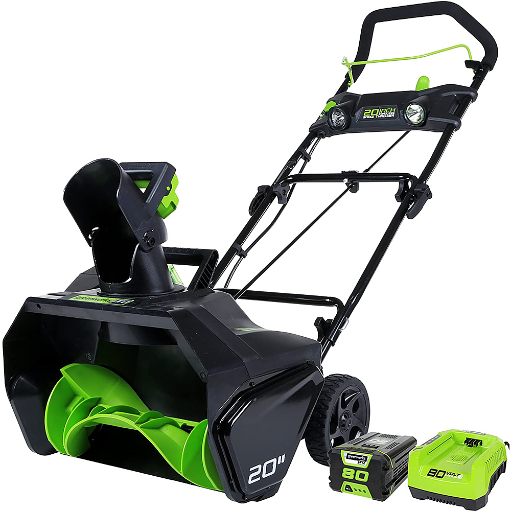Angle View: Greenworks - 80 Volt 20-Inch Single Stage Cordless Brushless Snow Blower (1 x 2Ah Battery 1 x Charger) - Black/Green