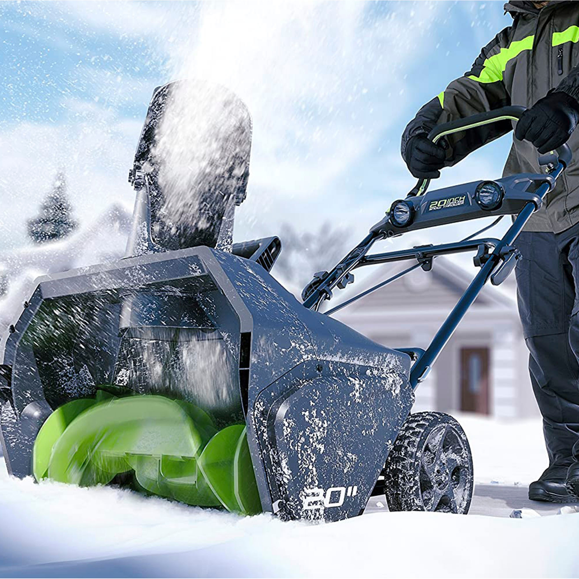 Left View: Greenworks - 80 Volt 20-Inch Single Stage Cordless Brushless Snow Blower (1 x 2Ah Battery 1 x Charger) - Black/Green