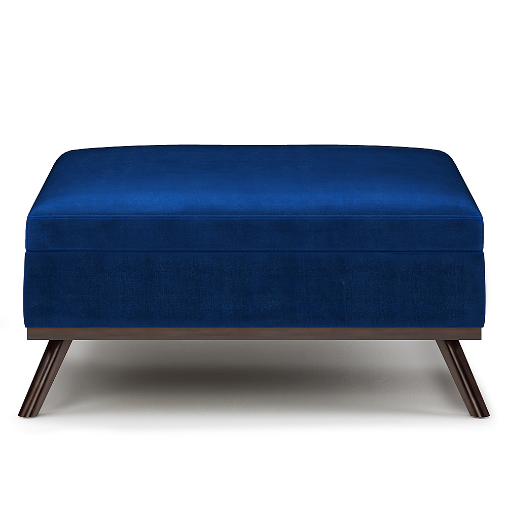 Simpli Home Owen Square Coffee Table Storage Ottoman in Blue Velvet Fabric