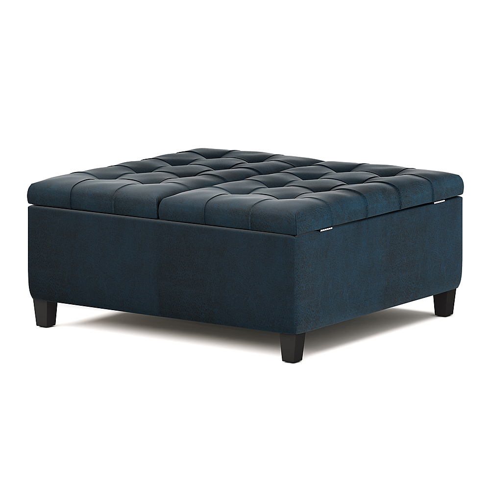 Angle View: Simpli Home - Harrison 36 inch Wide Transitional Square Coffee Table Storage Ottoman in Faux Leather - Distressed Dark Blue