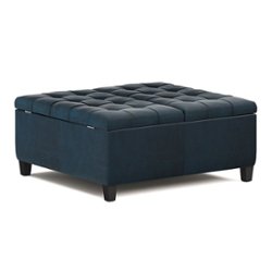 Simpli Home - Harrison 36 inch Wide Transitional Square Coffee Table Storage Ottoman in Faux Leather - Distressed Dark Blue - Front_Zoom