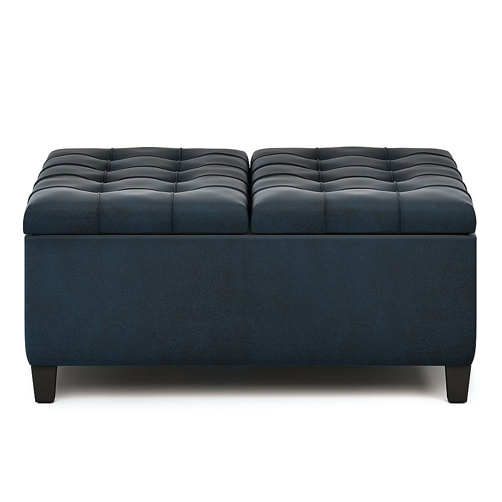 Left View: Simpli Home - Harrison 36 inch Wide Transitional Square Coffee Table Storage Ottoman in Faux Leather - Distressed Dark Blue