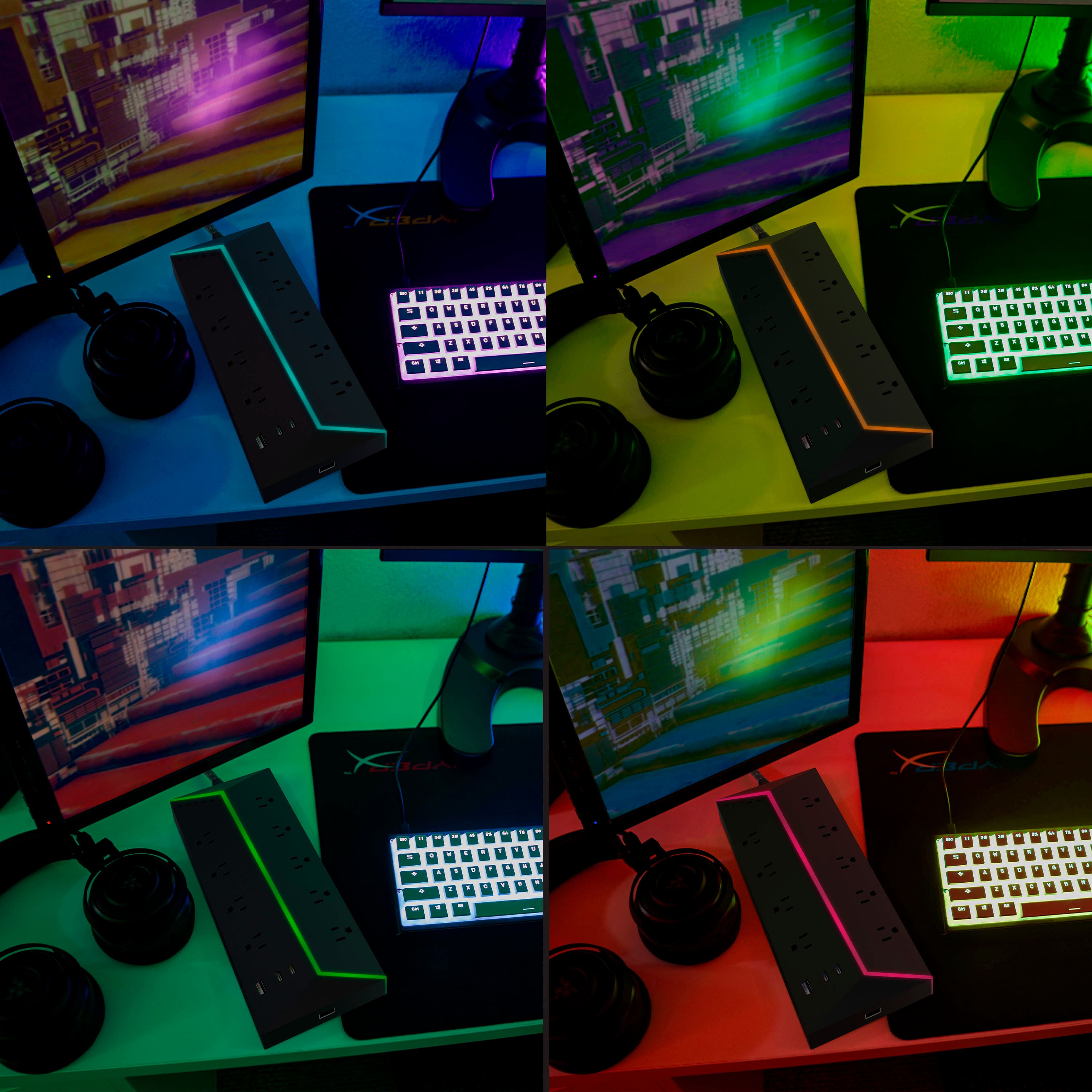 The text on the image is grouped and corrected as follows:
"Full Spectrum Color-Select: Cycle through 8 colors on fade and stream settings. Control light levels with dimming feature."