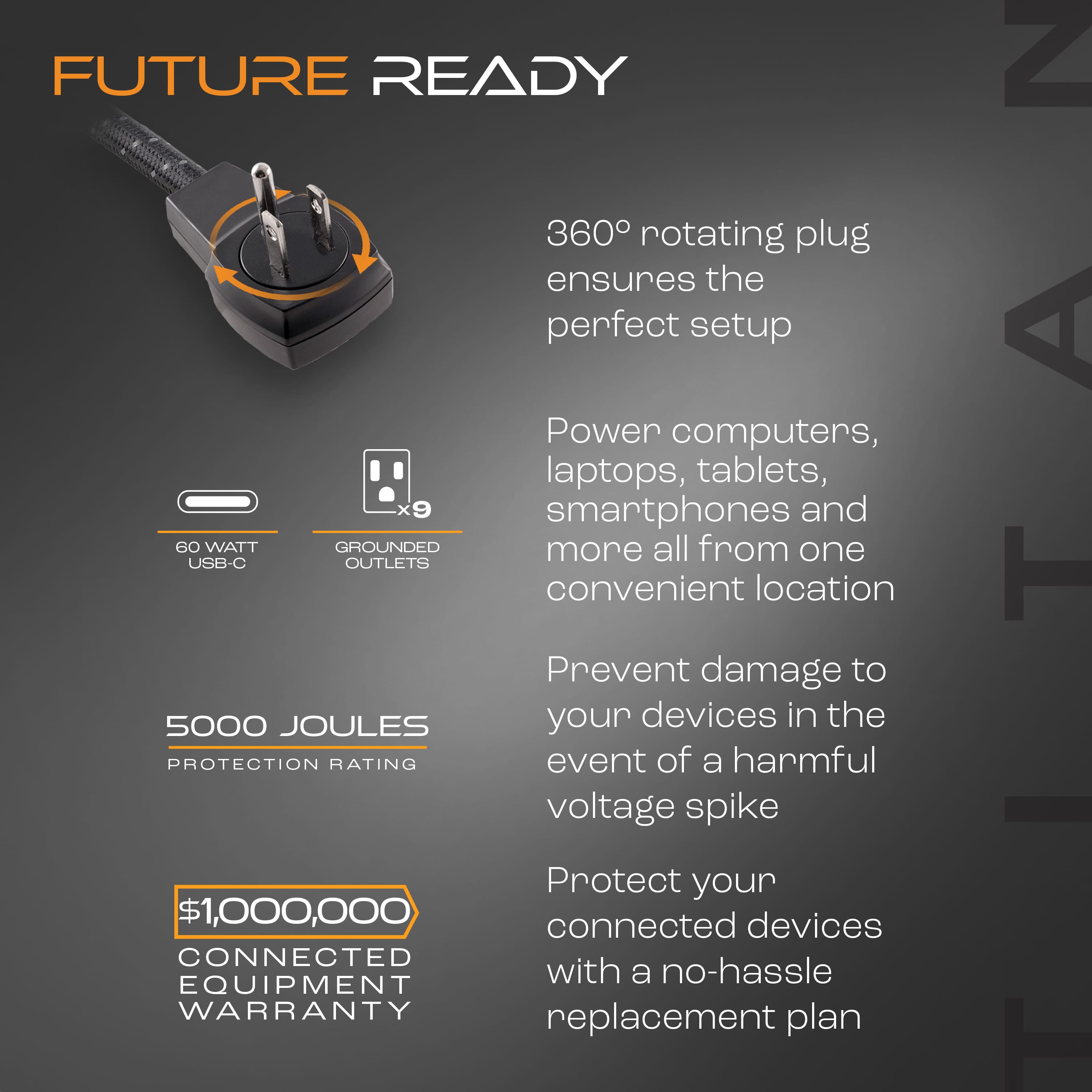 FUTURE READY 360 rotating plug ensures the perfect setup Power computers, laptops, tablets, smartphones and 60 WATT GROUNDED more all from one USB-C OUTLETS convenient location Prevent damage to 5000 JOULES your devices in the event of a harmful voltage spike Protect your connected devices with a no-hassle EQUIPMENT WARRANTY replacement plan.