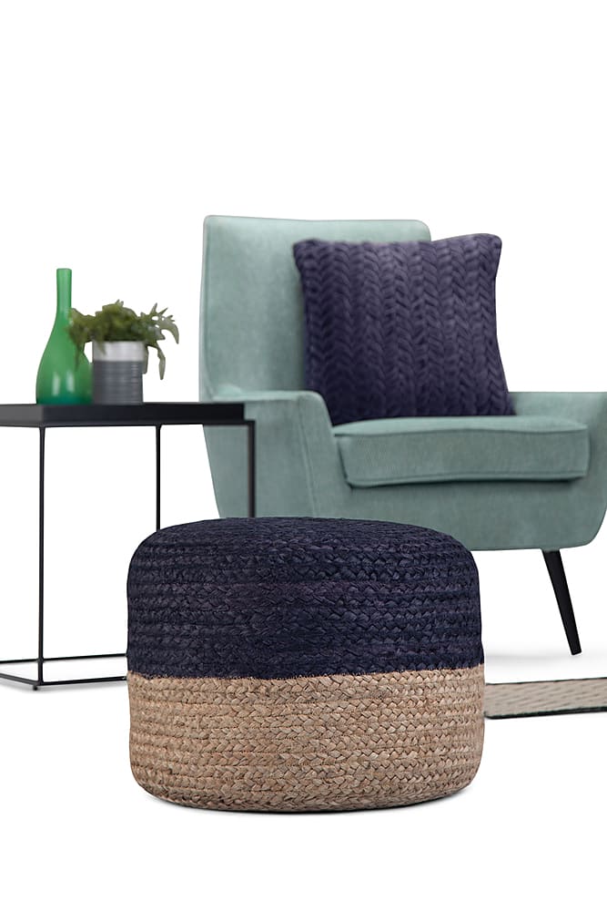 Left View: Simpli Home - Coates Round Macrame Pouf - Cloud Grey