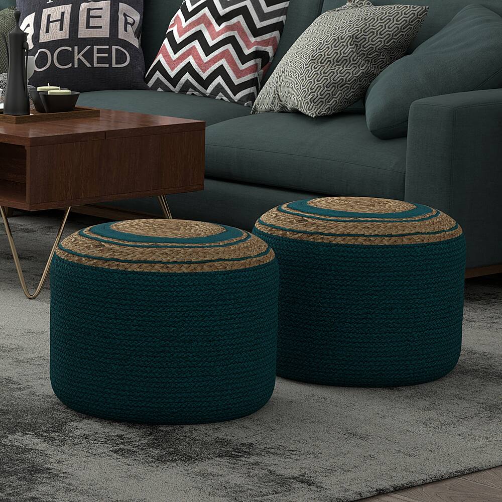 Angle View: Simpli Home - Serena Round Braided Pouf - Deep Aqua