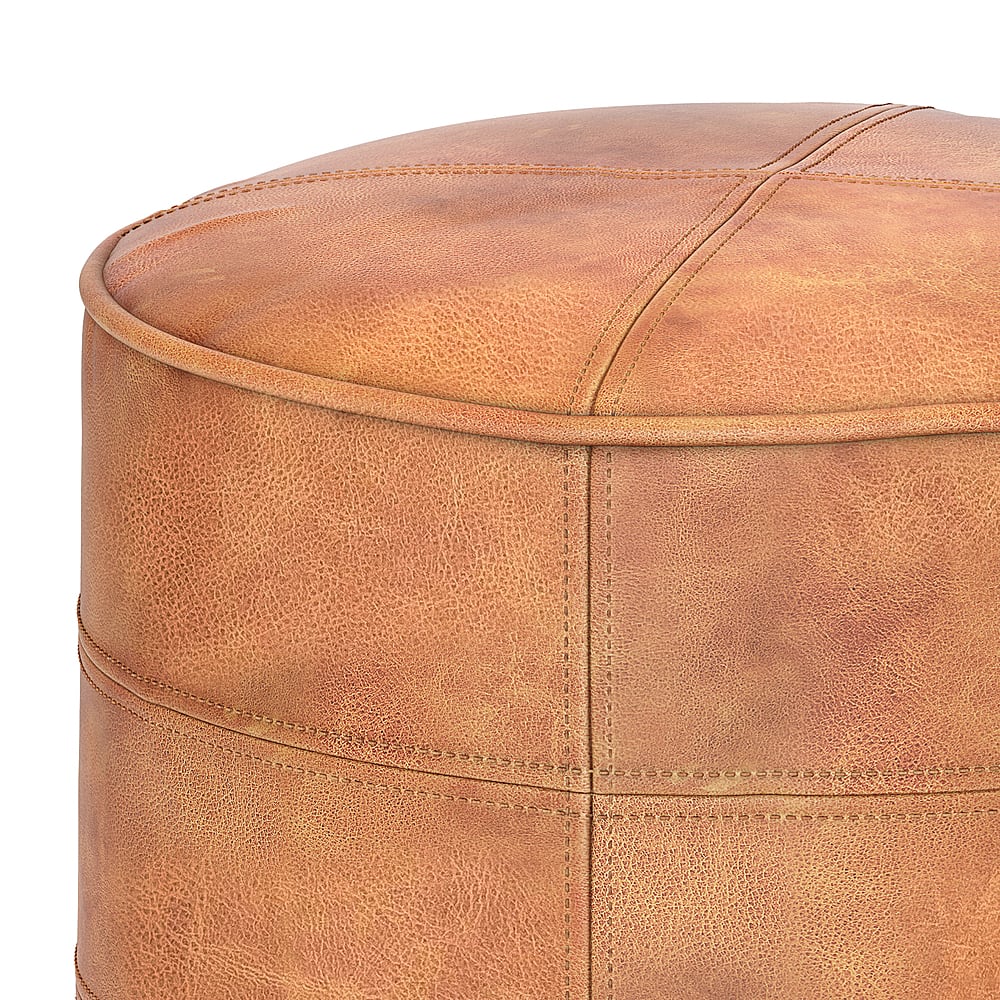 Left View: Simpli Home - Connor Round Pouf - Distressed Light Brown