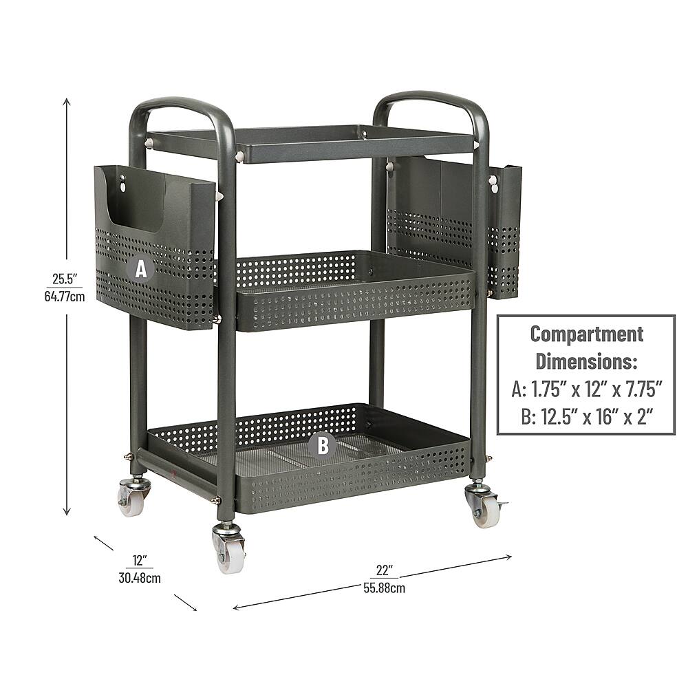 Left View: Mind Reader Rolling File Cart, Organizer, Utility Cart, Storage, Classroom, Office, Metal, Silver