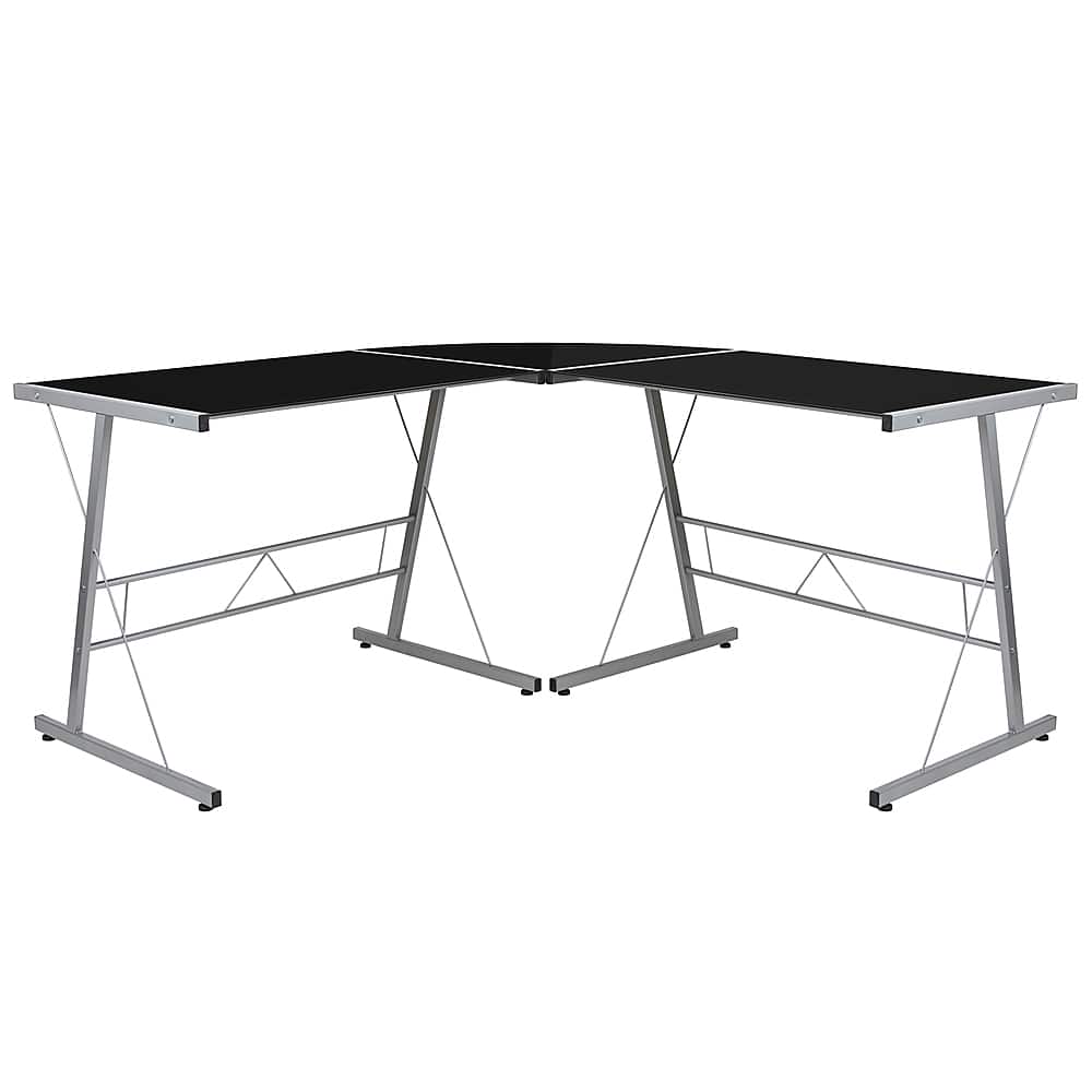 Front. Alamont Home - Ginny L Contemporary Glass Home Office Desk - Black Top/Silver Frame.