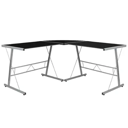 Front. Alamont Home - Ginny L Contemporary Glass Home Office Desk - Black Top/Silver Frame.