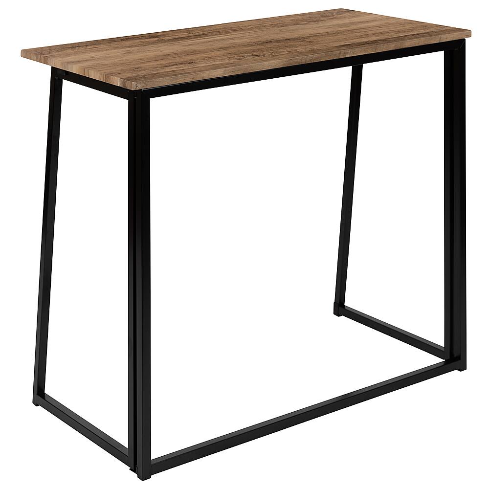 Full view of a rustic wooden laminate desk with black metal frame.